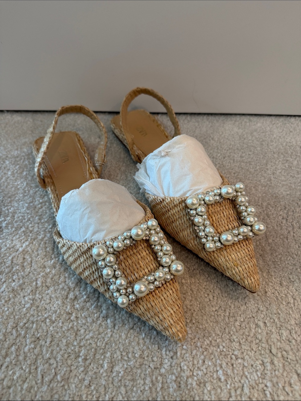 Zara Pearl-Embellished Woven Pointed Slingback Flats - Natural